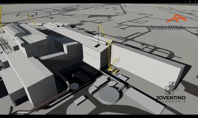Simulation of the erection sequence with cranes positioned around the structure, used to plan access and the shutdown window