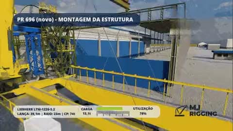 Simulation of a structure being lifted with a mobile crane, showing the radius and load capacity used in planning