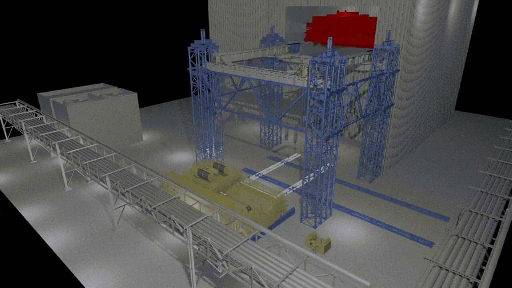 Sequência de montagem de ponte rolante: posicionamento e alinhamento da viga sobre os trilhos elevados do galpão